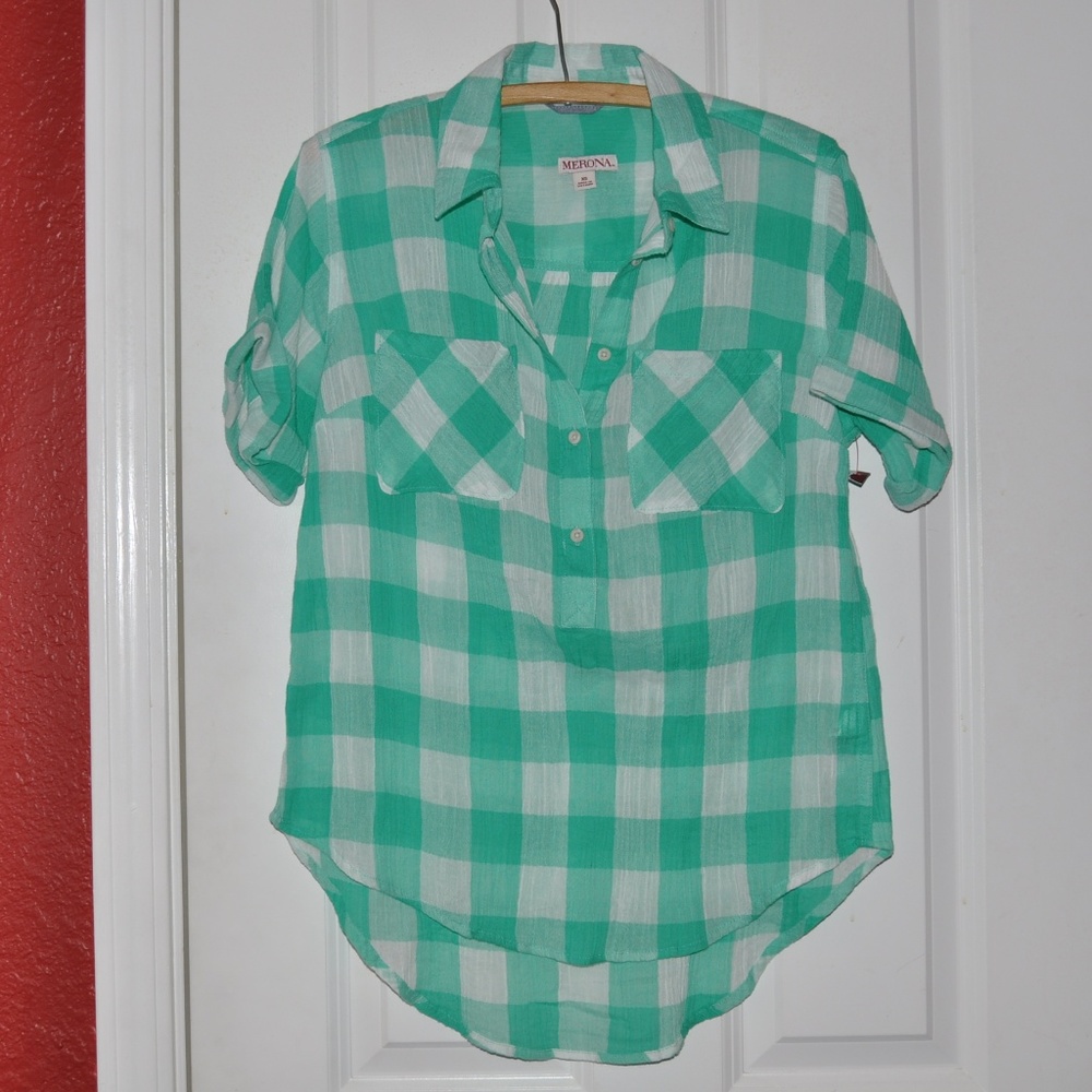 NEW Gingham Plaid Short Sleeve Popover Shirt [A1] - Picture 4 of 7